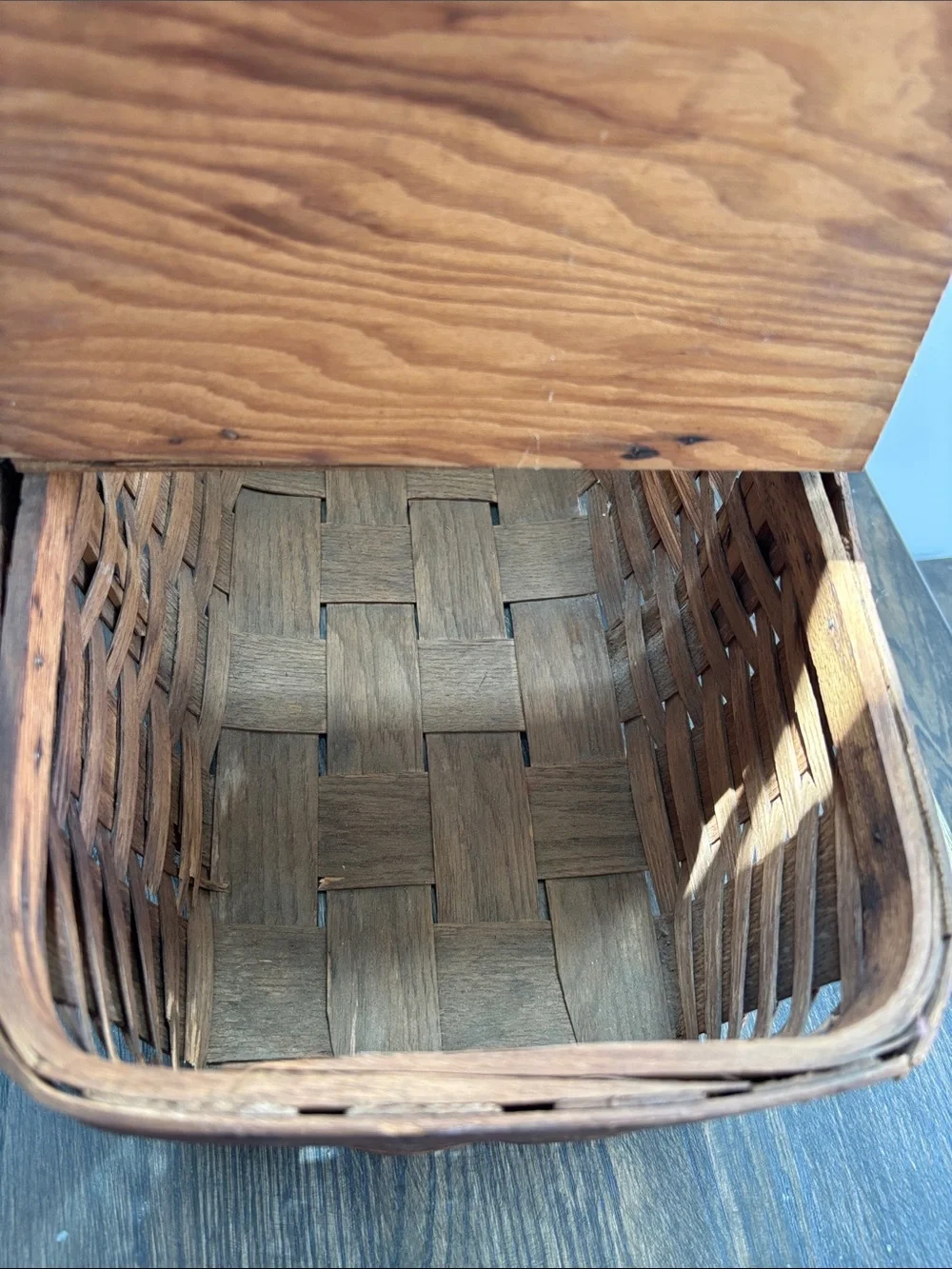 Vintage double lidded picnic basket, one handle,hinges, rustic, wood, 16x9.5x12”